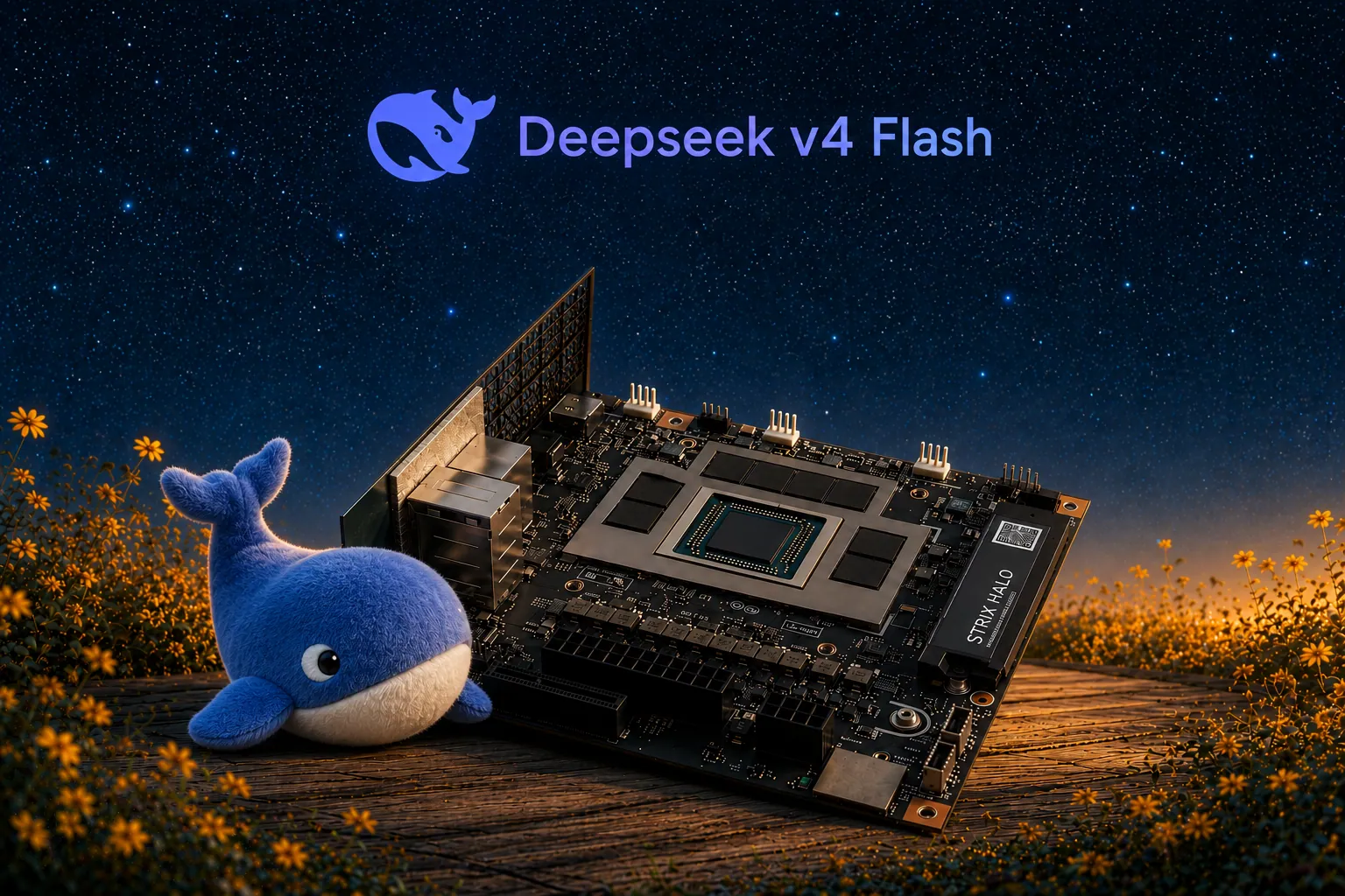 DeepSeek V4 Flash beside AMD Strix Halo unified-memory hardware under a starry sky