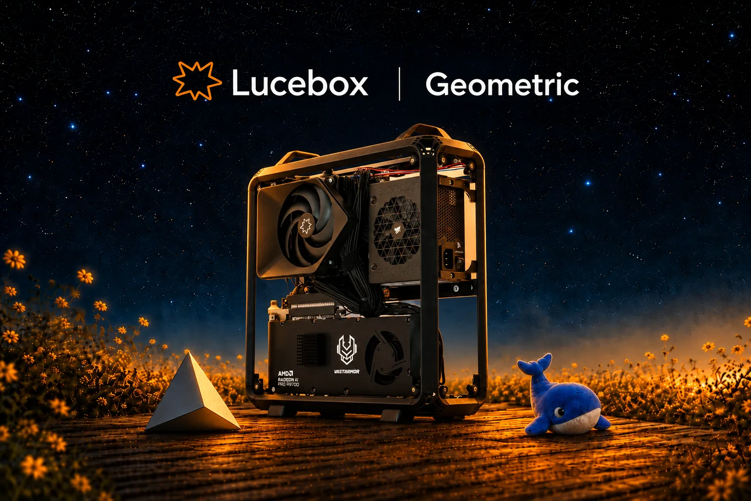 An open Lucebox with its Radeon AI PRO R9700 under the CPU cooler, on a wooden deck under a starry sky between a silver pyramid and a plush DeepSeek whale, with the Lucebox and Geometric logos above