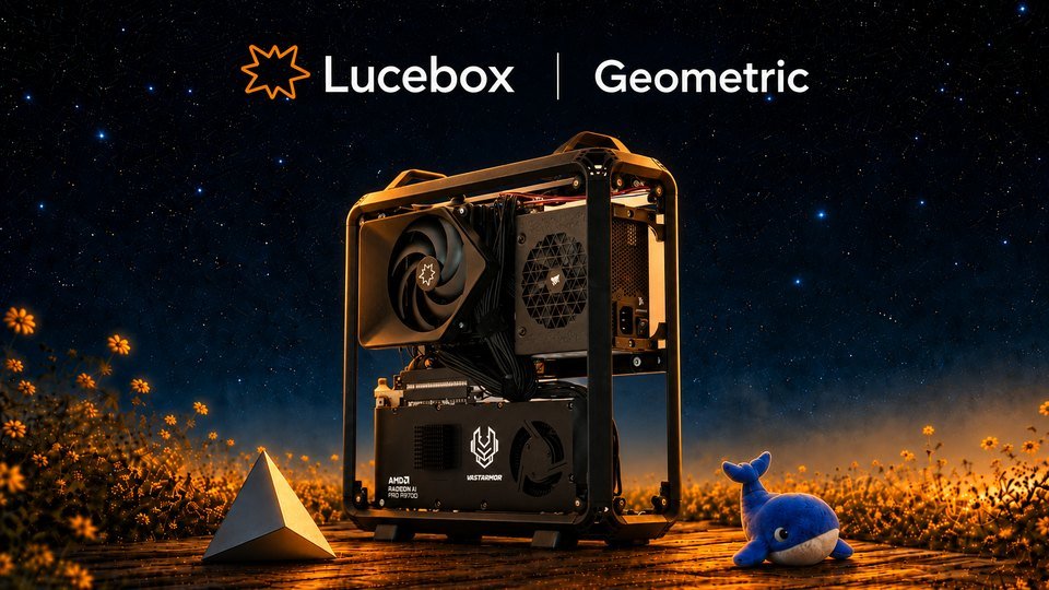 An open Lucebox with its Radeon AI PRO R9700 on a wooden deck under a starry sky between a silver pyramid and the DeepSeek whale, with the Lucebox and Geometric logos above