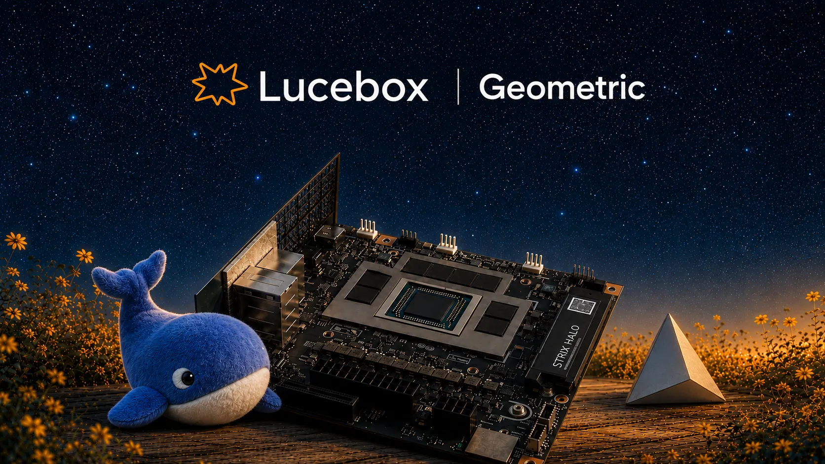 Lucebox and Geometric above AMD Strix Halo hardware, a blue DeepSeek whale, and a geometric tetrahedron under a starry sky
