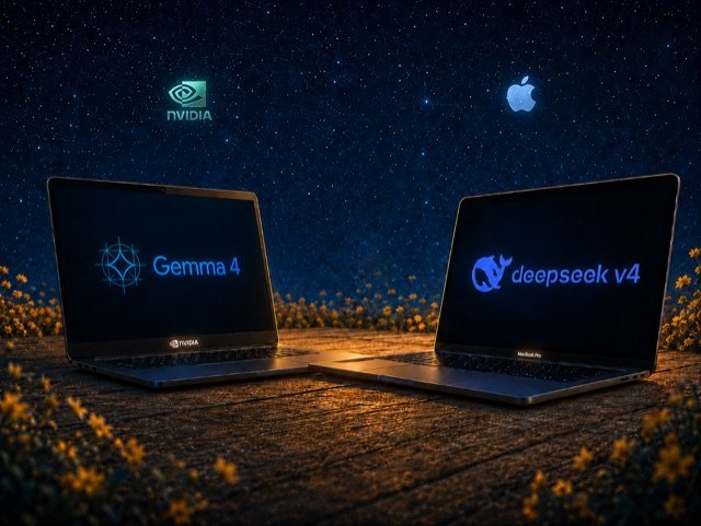 Gemma 4 26B on an RTX 5090 Laptop next to DeepSeek V4 Flash on a MacBook