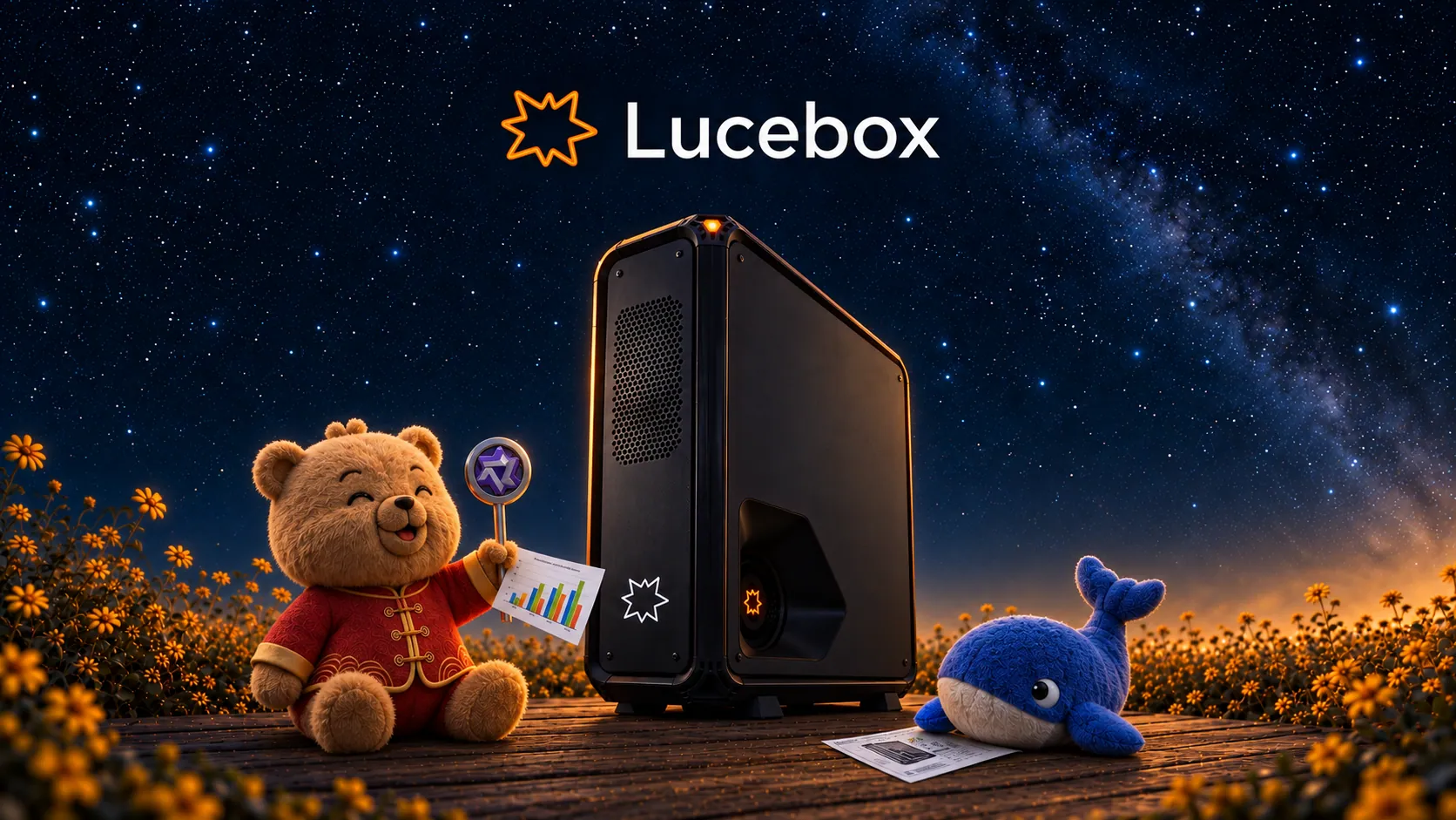 The black Lucebox tower on a wooden deck under a starry sky, a plush Qwen bear holding a magnifying glass over a printed bar chart on the left and a plush DeepSeek whale with a printed diagram on the right